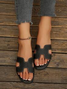 Women's H-Strap Flat Sandals Square Toe Casual Slippers Summer Vacation Essential Beach Solid Color Bohemian - Black - View 7