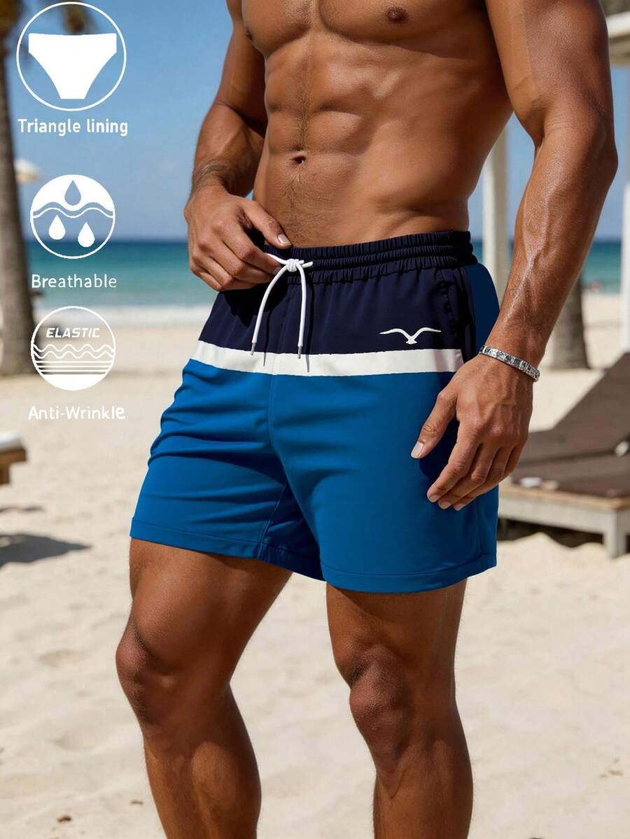 Men's Quick-Dry Mesh-Lined Swim Trunks With Drawstring Waist, Side Pockets And Seagull Print