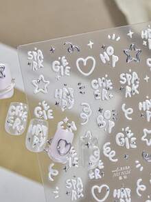 1 Sheet Metallic Silver Crystal Rhinestone 3D Letter Heart Nail Stickers, Raised Gloss Silver Cartoon Font Star Swirl Mixed Design, Self-Adhesive Waterproof Nail Art Decals For DIY Manicure - White - View 1