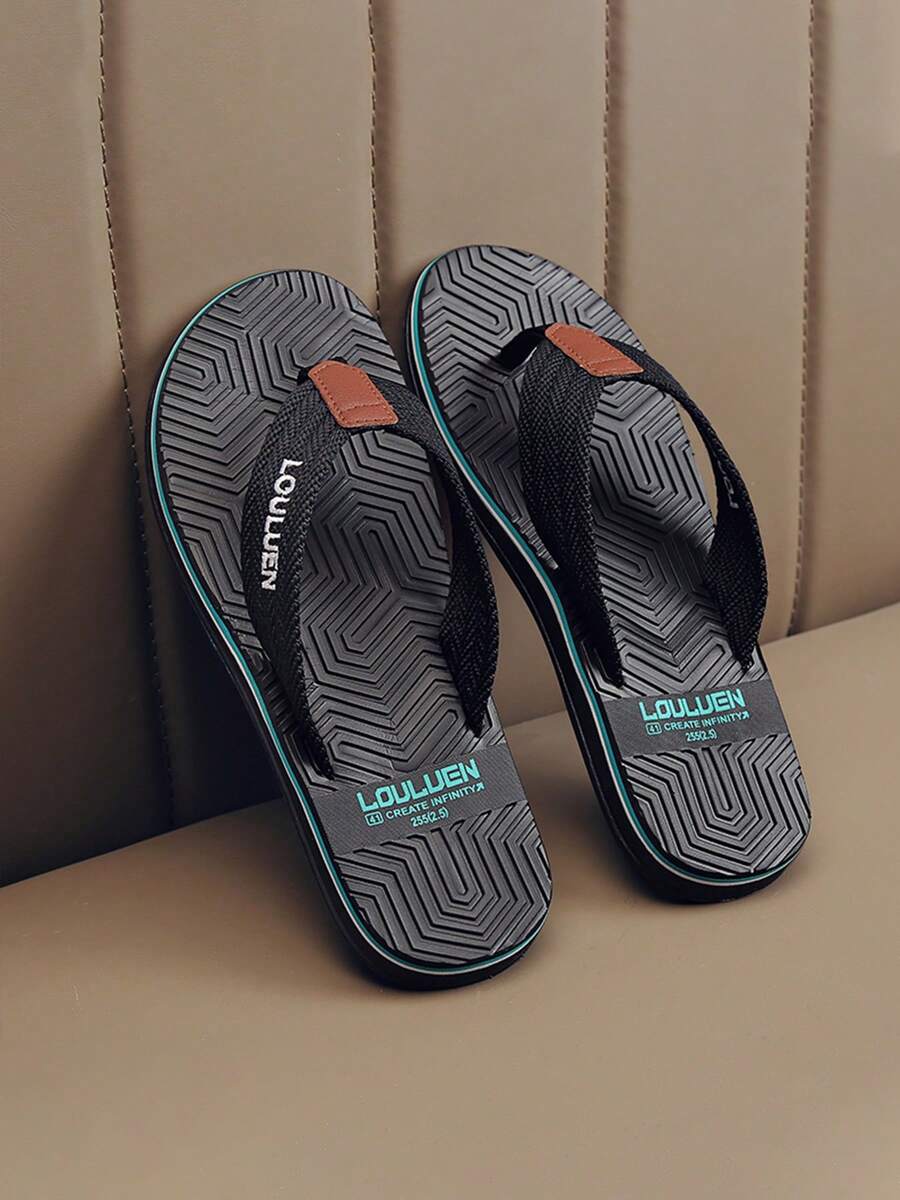 Chanclas planas para hombre con suela de patrón geométrico en bloques de color, diseño de bordes multicapa, ligeras, suaves y versátiles para uso casual en casa, caminar, playa y vacaciones - Negro - Ver 1