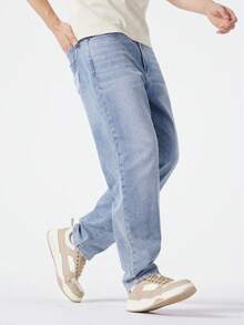 CAMEL CROWN Men's Summer Straight Leg Jeans, Cotton-Feel Stretchy Lightweight Casual Long Jeans. - Light Blue - View 5