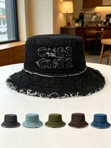 This 1pc Washed And Distressed Lettered Bucket Hat Features Soft Fabric, Sun Protection, And Wind Protection. Stylish And Versatile, It's Suitable For Travel, Beach, Vacations, And Everyday Casual Wear. - Multicolor - View 3