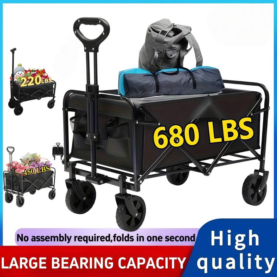 INBRAVE 220/450/680 LBS Capacity Heavy-Duty All-Terrain Folding Wagon Cart - Stainless Steel Frame With 600D Oxford Fabric, Collapsible Multifunctional Utility Wagon For Camping, Gardening, Beach, Shopping - No Assembly Required, Black - View 1