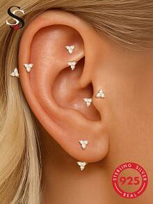 1 pieza Pendientes de botón de plata de ley 925 con trébol y circonita en forma de herradura, hipoalergénicos, adecuados para perforaciones de cartílago, trago, hélix y lóbulo, joyería de uso diario para mujeres - Dorado - Ver 2