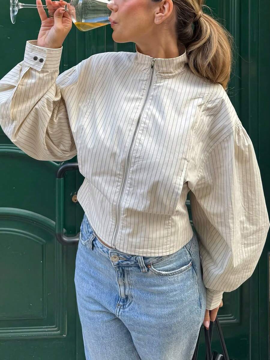 New Fashion Elegant Striped Zipper Women's Jacket, Suitable For Daily Wear, Campus, Vacation, Tea Party, Date, All Seasons - Apricot - View 1