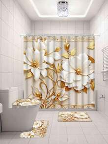 1/3/4pcs Gold Floral Print Shower Curtain Set, Minimalist Pattern, Washable Polyester Fabric, Waterproof Durable Bathroom Accessories, Includes 12 Hooks - Includes Toilet Lid Cover, Bath Mat And Rug, Home/Bedroom/Living Room/Home Decor/Summer - A - View 6