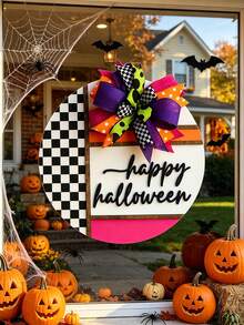 Halloween Front Door Hangings, Halloween Checkered Wreaths, "Happy Halloween" Wreaths, Front Door Decorations, 3D Wreaths, Vintage Home Decor, Outdoor Porch Wooden Signs, Gifts - Multicolor - View 11