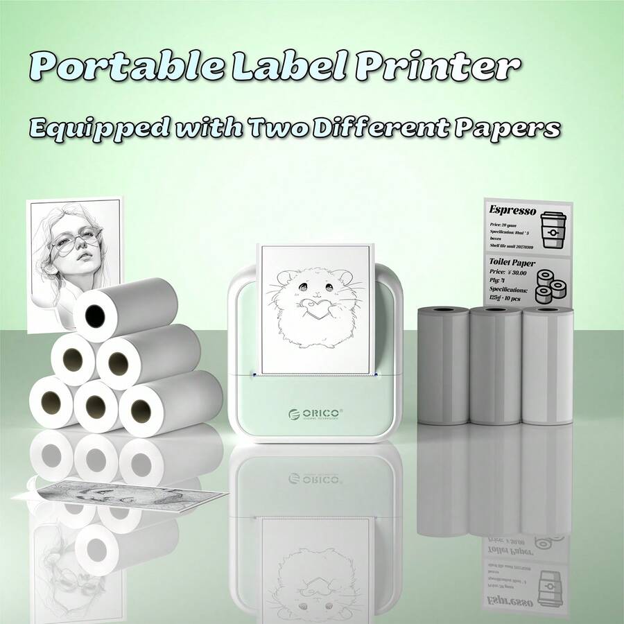 ORICO 2 Inch Portable Mini Thermal Label Printer With Paper Roll, Compact Pocket-Sized Easy-To-Use Printer, Suitable For Office, Home, Small Business, Can Print Address, Logo, Clothing Labels And Stickers - Mint Green - View 1