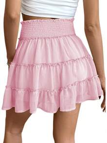 Women's Summer High-Waisted Ruffle Tennis Skirt, Flowing Skirt, Suitable Nighttime Wear - Pink - View 4