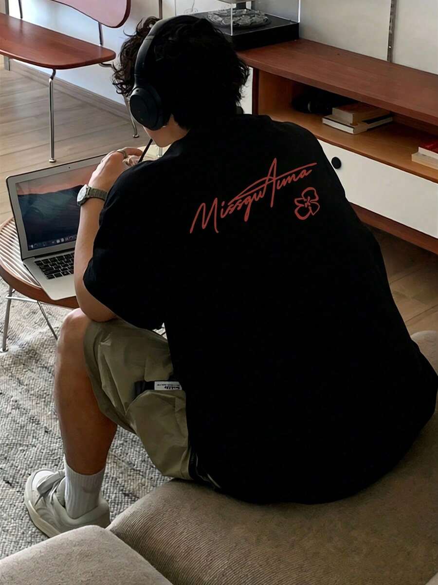 Vintage Short-Sleeve Summer T-Shirt For Men In Hip-Hop Style, Versatile Print, Round Neck, Thick Fabric, Suitable For Students. - 黑色 - 查看 1