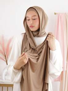 1pc Solid Color Soft Knitted Long Hijab, Elastic Solid Color Muslim Prayer Headscarf, Simple Conservative Abaya Accessory - Khaki - View 2