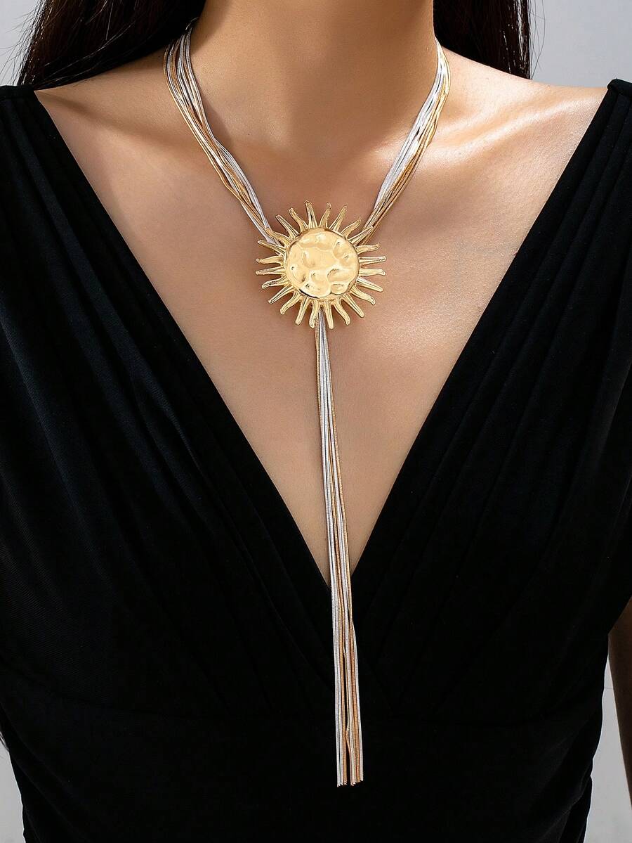 Two Tone Multi Strand Snake Chain Y Lariat Necklace, Hammered Sun Face Pendant Long Tassel Drop Necklace, Sunburst Statement Jewelry For Women - Sun Accessory Necklace - View 1