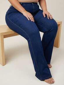 Women's Plus Size Dark Flare Jeans With High Waist, Premium Fabric With Elastane - 藍色 - 查看 7