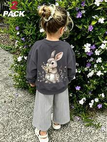 2 Packs Tween Girl Watercolor Bunny Floral Print Crewneck & Striped Wide Leg Pants Cute Matching Set. - Dark Grey - View 11