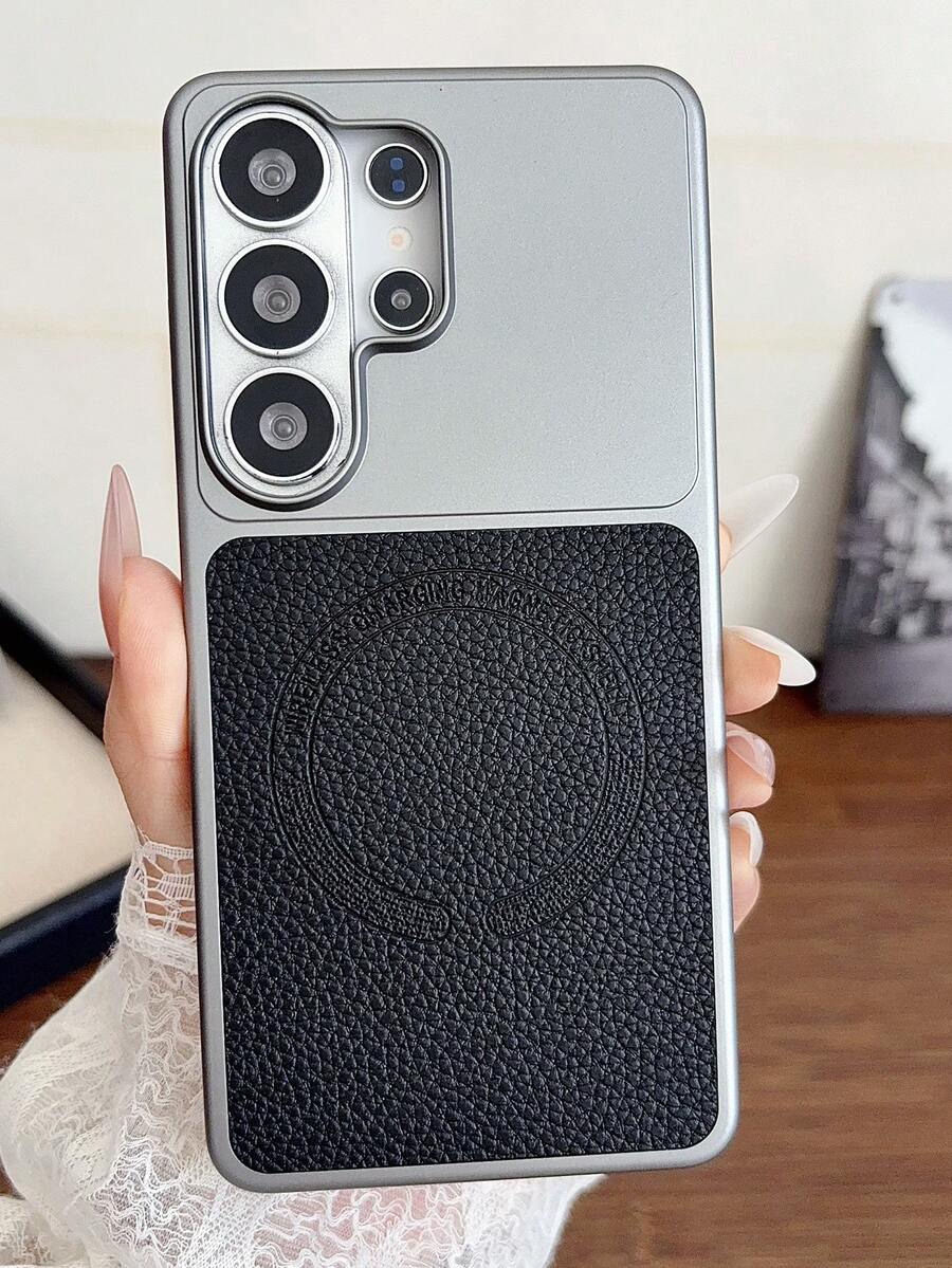 奢華電鍍金屬荔枝紋人造皮革磁吸手機殼，適用 Galaxy S26 S25 S24 Ultra Plus，支援無線充電，防震保護後蓋