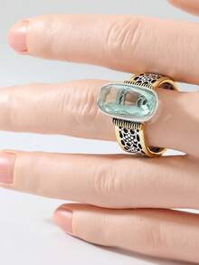 1pc Bohemian Style Dual-Tone Ring With Oval Green Synthetic Cubic Zirconia, Women's Jewelry, Suitable For Wedding, Party And All-Year Wear, Elegant Gift For Her, Wedding Ring | Elegant Jewelry | Textured Band, Wedding Jewelry - Two-color - View 4