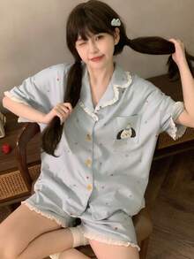 2 piezas/Set Conjunto de pijama para mujer, cuello de solapa abierto con estampado de cachorro lindo y bolsillo delantero, manga corta y shorts simples, cómodo para usar en casa - Azul - Ver 1