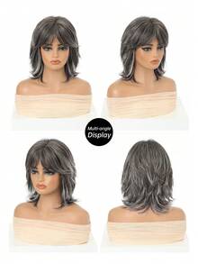 Gray Silver Highlight Mixed Low Curvature Slight Wavy 12 Inch Shaggy Layered Bob Wig Heat Resistant Synthetic Air Fringe Wig For Female - Multicolor - View 4