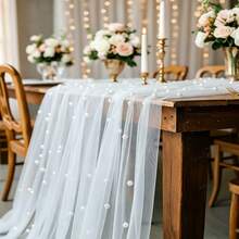 1pc White Faux Pearl Tulle Table Runner, Semi-Transparent Polyester Fabric, Pearl Mesh Cake Dessert Tablecloth, Solid Color Design, Suitable For Wedding, Bridal Shower, Birthday, Holiday And Home Party Table Decor - White 1PC - View 6