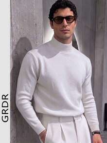 GRDR Men's New Autumn/Winter Solid Color Stand Collar Soft Pullover Sweater, Casual Daily Warmth - White - View 5