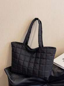 1pc Embroidered Square Grid Women's Handbag, Plaid Embroidery Shoulder Tote Bag, Multi-Functional Quilted Shoulder Bag, Women's Commuter Bag, Multi-Compartment Design, Suitable For Beach, School, Work And Daily Use - Black - View 1