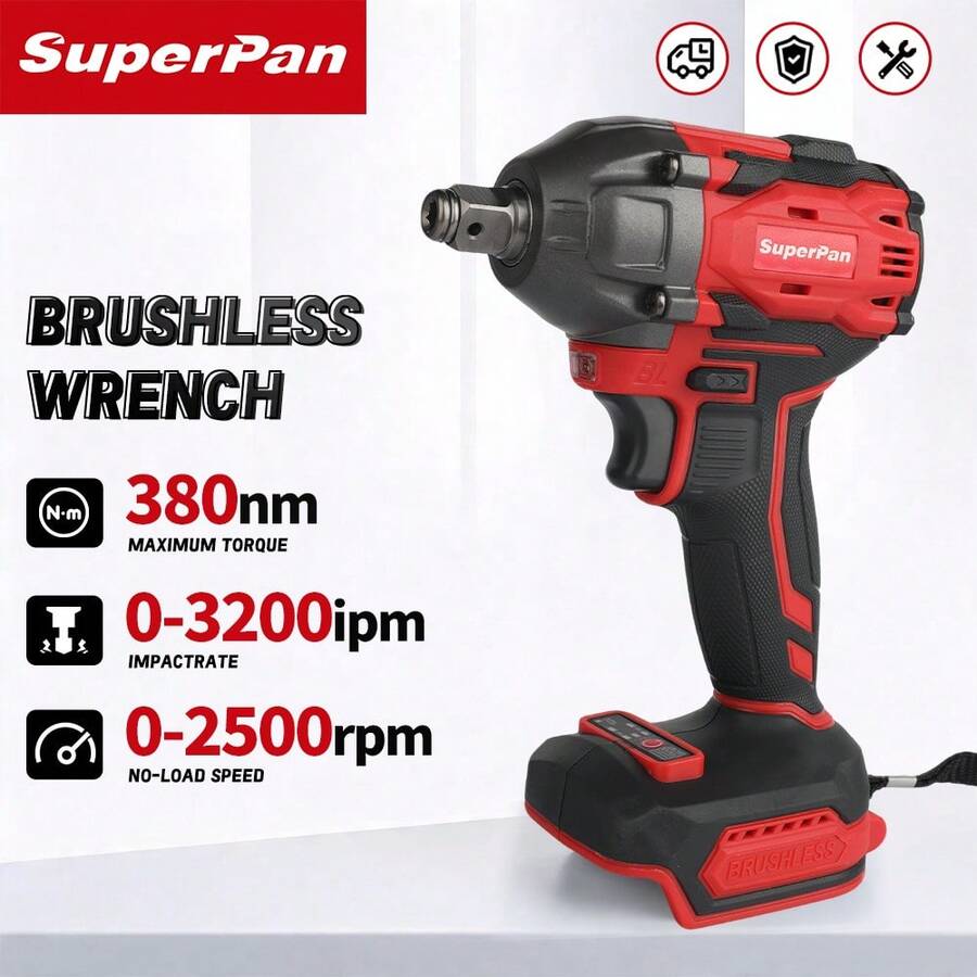 SuperPan 380牛米无刷冲击扳手，1/2英寸驱动高扭矩无绳扳手，适用于汽车维修、工厂和重型作业项目。 - 紅色 - 查看 1