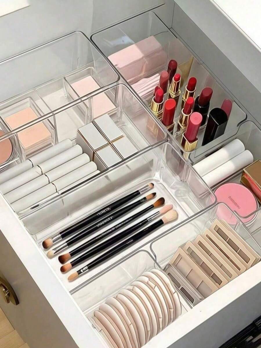 7pcs/6pcs/5pcs/1pc Exquisite Transparent Desktop Cosmetic Storage Box, Customizable Vanity Organizer For Girls, Eyeshadow, Lipstick, Perfume, Face Mask, Makeup Brush Storage - Clear - View 1