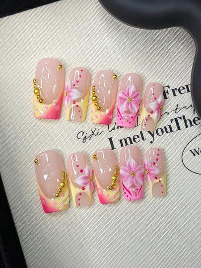 10pcs/Set Y2K Nails Handmade, Pink Nails, Yellow French Tip Nails, 3D Pink Flowers Nails, Cute Nails, Perfect For Parties & Daily Wear. Short Square Nails. Handmade Press On Nails Square, Fake Nails, Acrylic Nails, Short Nails, Summer Seashell Nails