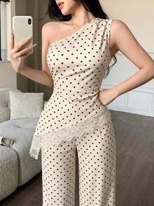abyoxi Conjunto de 2 piezas de top sin mangas con cintura fruncida y parches de encaje con dobladillo asimétrico en color verde guisante, y pantalones de pierna ancha. Sexy y elegante - Albaricoque 2 - Ver 6