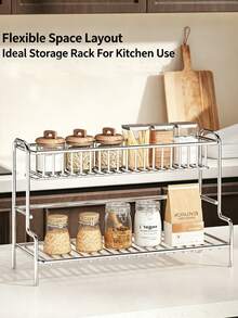 1 buah Rak Organizer Meja 2 Tingkat Stainless Steel dengan Kaki Anti Selip, Tempat Penyimpanan Tahan Karat untuk Bumbu Dapur & Perlengkapan Rias Kamar Mandi, Rak Meja Serbaguna Cocok untuk Asrama, Apartemen, Kamar Tidur, dan Kamar Mandi - MultiWarna - View 7