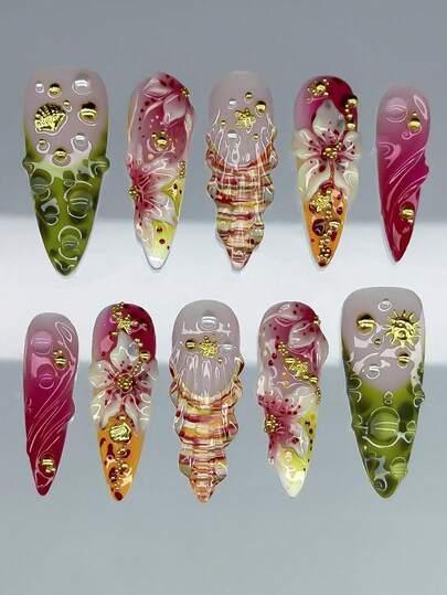 Y2K Floral Acrylic Nails 10Pcs Long Almond Shape Press On Nail Tips, DIY 3D Luxury-Style Artificial Nail Set, With Scallop/Starfish/Gold Bead Embellishments, Suitable For Women's Nail Salon Supplies
