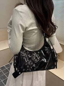 Fashion Women's Bag Studded Motorcycle Bag New Crescent Bag Street Style Versatile Shoulder Bag Underarm Bag - Black - View 6