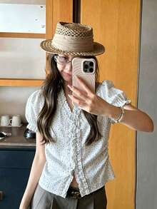 Printed V-Neck Casual Short Blouse For Women Summer - Apricot - View 5