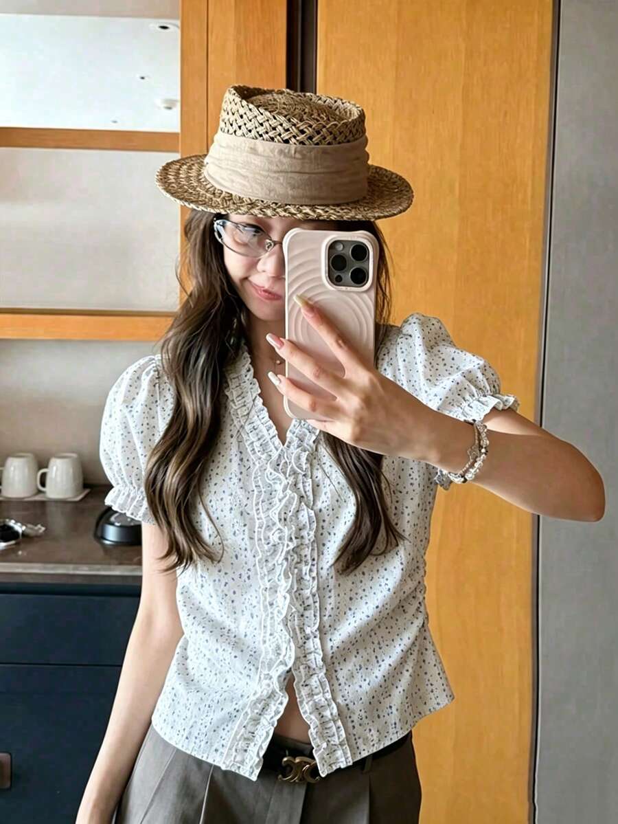 女士夏季印花V领休闲短款上衣 - 杏色 - 查看 1