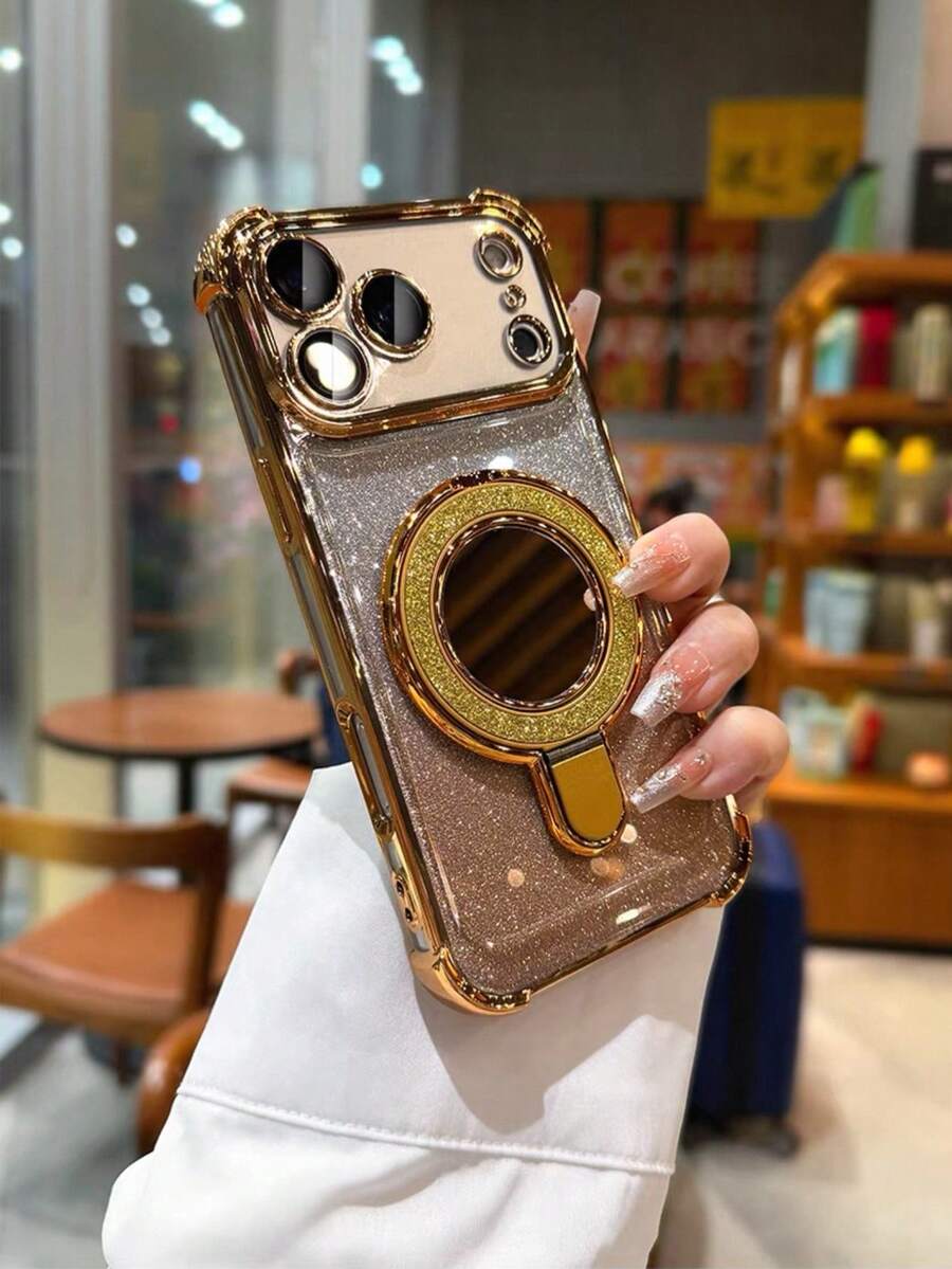 奢華電鍍亮片透明支架手機殼,適用於 iPhone 17 Pro Max、17 Pro、17、16 Pro Max、16 Pro、16、15 Pro Max、15 Pro、14 Pro、13 Pro Max、12 Pro Max、11,時尚相機保護透明電鍍背蓋,附化妝鏡折疊支架手機殼套組 - 彩色 - 查看 1