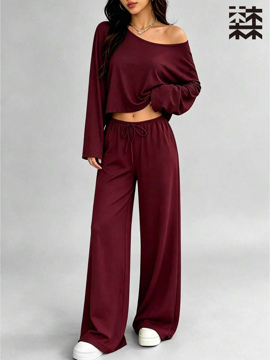 mulinsen Women's Solid Color Round Neck Long Sleeve Cropped Top + Elastic Drawstring Waist Straight Leg Pants 2-Piece Sports Casual Set - Burgundy - View 1