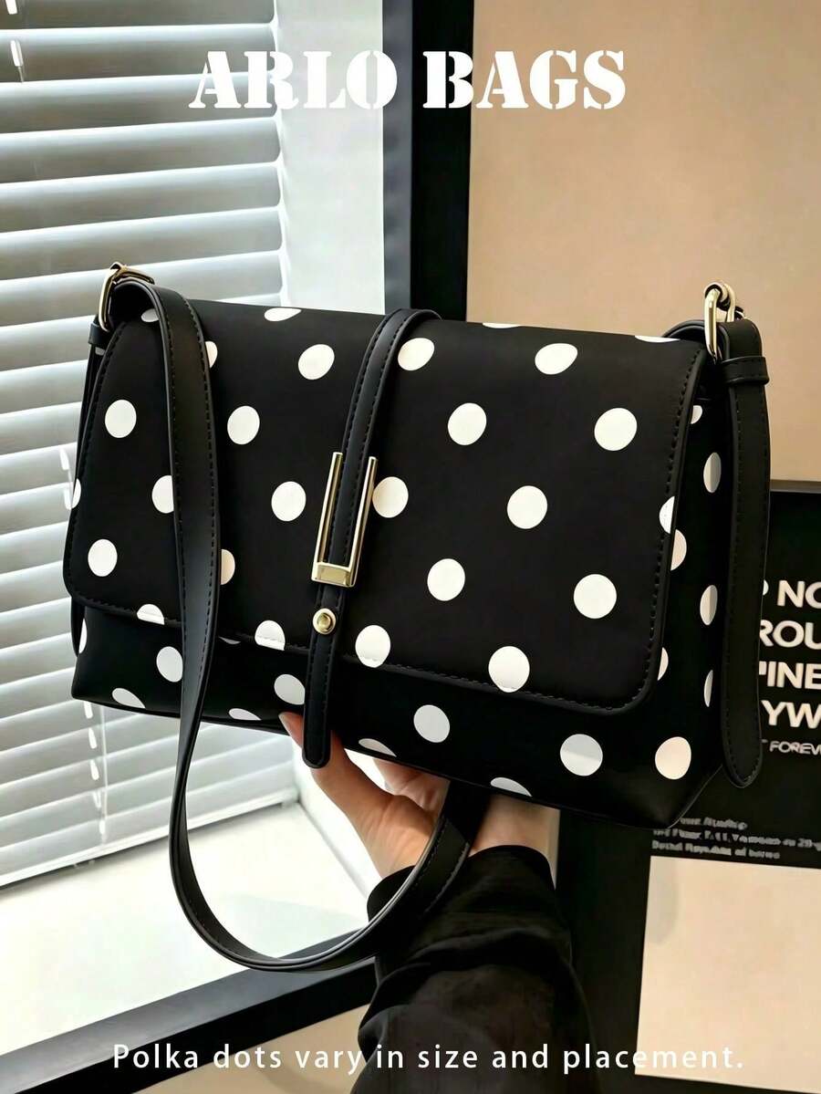 Charming Polka Dot Shoulder Bag With Exquisite Craftsmanship And Elegant Lock Detail. Multiple Carrying Ways And Timeless Print Make It An Ideal Choice For Matching Workwear Or Weekend Outfits, Combining Fashion And Practicality. - Black - View 1