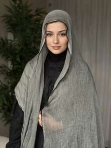 1 pieza Hijab árabe con efecto tie-dye, bufanda larga ligera de unicolor, adecuada para uso diario, hijab con volantes - Gris - Ver 1