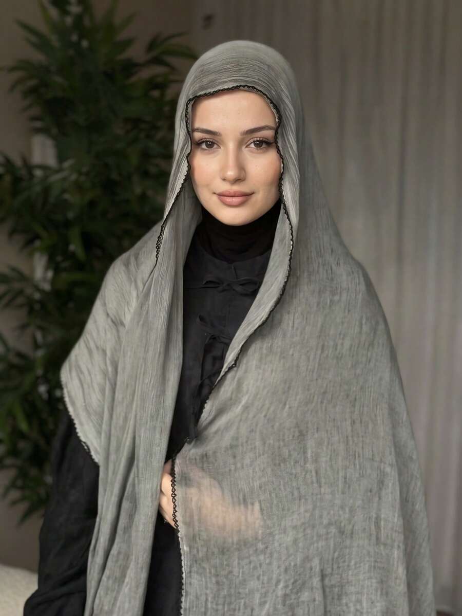 1 pieza Hijab árabe con efecto tie-dye, bufanda larga ligera de unicolor, adecuada para uso diario, hijab con volantes - Gris - Ver 1