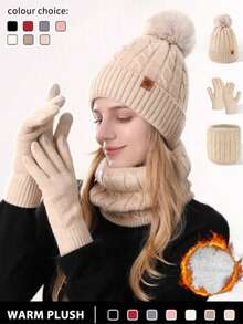 3pcs Women's Winter Knitted Hat & Neck Warmer Set, Touchscreen Gloves Set, Double-Layer Fleece Thickened Hat & Neck Warmer Combination, Warm Fleece Lining, Textured Cable Knit Jacquard Fabric, Faux Fur Pom Pom, Twisted Texture Pattern, With Snowflake Label, Suitable For Cold Weather Warmth, Ideal For Skiing, Travel, Driving, Dating And Daily Use - Multicolor - View 1