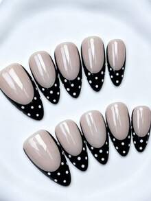 Shecass 10pcs Handmade Press-On Nails, Short Almond Shape French Polka Dot Design, High Quality, For Summer Vacation, Graduation Party - Multicolor - View 3