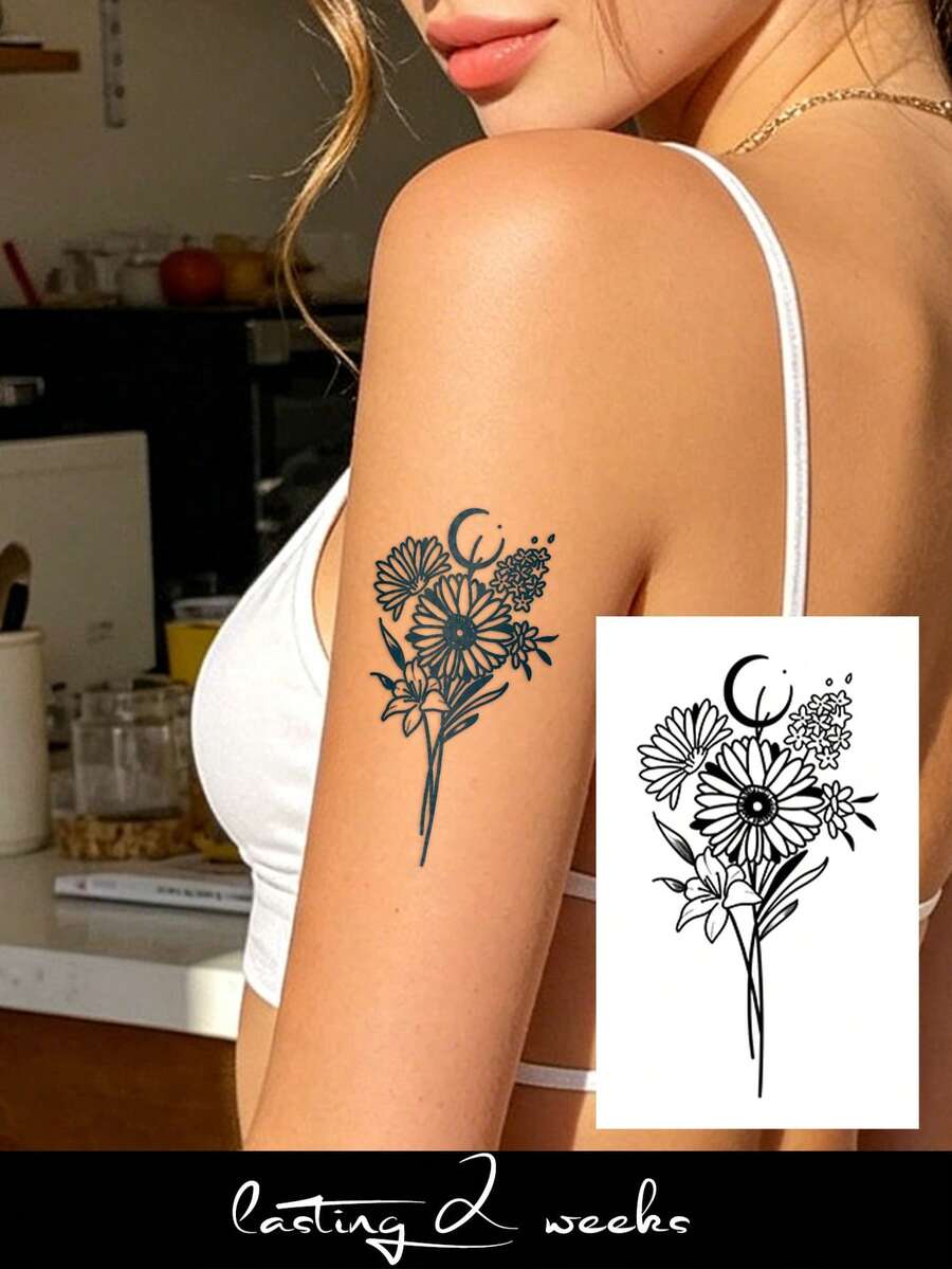Stiker Tato Semi-Permanen Jus Herbal, Desain Pola Bunga, Tidak Pudar Selama 14 Hari, Hadiah Pesta Festival Musik, Stiker Tato Sementara untuk Lengan, Kaki, Bahu, Leher, Tulang Selangka, 1 buah/Paket - Biru - View 1