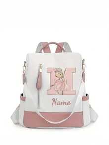 Personalized Custom Name A-Z 26 English Letters Premium Backpack, Fashion Anti-Theft Versatile Large Capacity Travel School Bag, Exquisite Cute Pink Ballet Girl Pattern Fashion Contrast Color Design Lightweight Large Capacity, Perfect For Daily Outings, Work Commute, School - White and Pink - View 14
