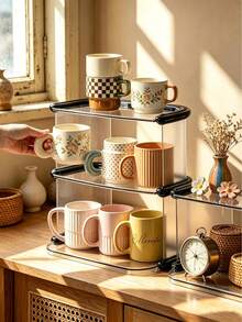 Multi-Layer Acrylic Cup Rack, Vintage Tabletop Mug Holder, 2/3 Tier Countertop Organizer, Dual-Use Vanity Makeup Tray, Detachable Easy-Clean Stand For Kitchen, Bar, Dresser, Holds Mugs, Teacups, Cosmetics, Jewelry & Bathroom Items - Multicolor - View 4