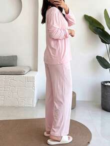 Women's Autumn/Winter Comfortable 2 Pieces Set, Long Sleeve Collared Single-Breasted Top And Straight Leg Pants, Solid Color Loose Casual Suit Pink Spring Elegant - Pink - View 4