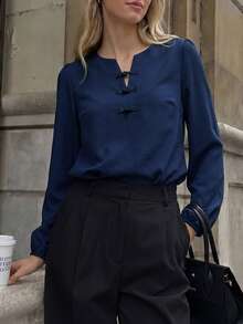 Blus Kerja Wanita Elegan Gaya Prancis untuk Musim Gugur, Kancing Katak Cina, Lengan Lentera, Warna Biru Tua - Navy Blue - View 10