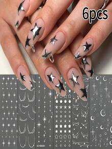 6Pcs Y2K Metallic Golden Silvery Star Nail Art Stickers 3D Starry Moon French Line Nail Decals Cyberpunk Gothic DIY Manicure Decoration Sticker - 彩色 - 查看 11