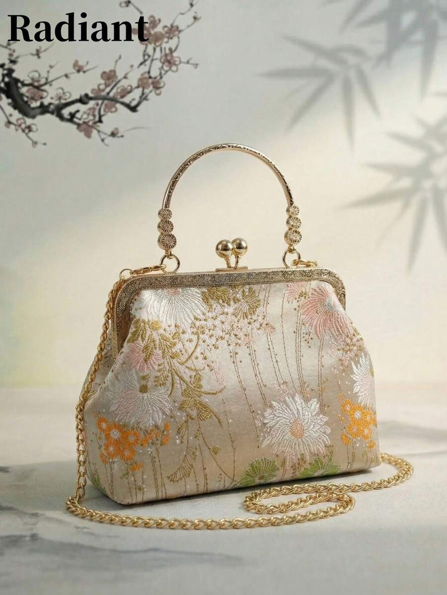 花卉刺繡緞面手拿包,配金屬接吻鎖與雕花手柄,中式復古風女款手提包兼單肩包,適合婚禮、派對、日常穿搭與宴會 - 米色 - 查看 1