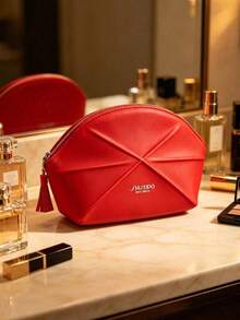 Shiseido Red Quilted Tassel Zipper Shell Makeup Bag, Large Capacity Waterproof Storage Pouch, Travel Commute Portable Touch-Up & Toiletry Bag, New Year Birthday Valentine's Day Festive Gift For Best Friend - Red - View 1
