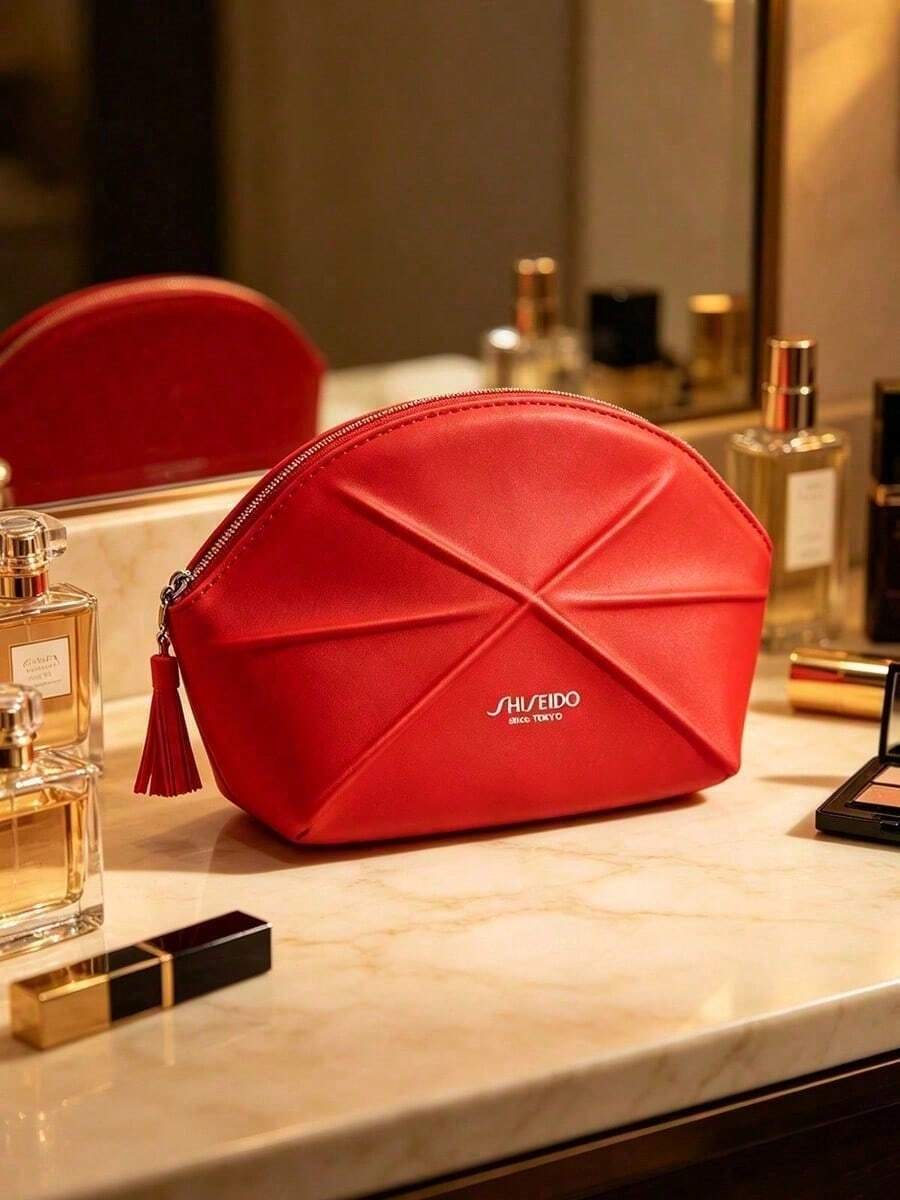 Shiseido Red Quilted Tassel Zipper Shell Makeup Bag, Large Capacity Waterproof Storage Pouch, Travel Commute Portable Touch-Up & Toiletry Bag, New Year Birthday Valentine's Day Festive Gift For Best Friend - Red - View 1